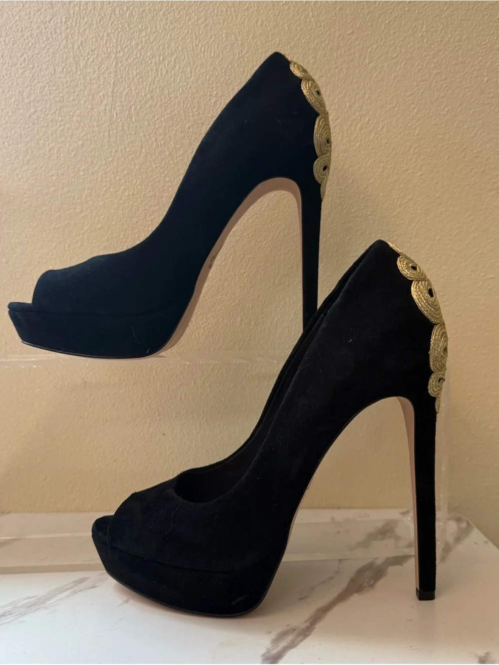 Brian Atwood Raja Black Suede Peep-Toe Platform, Gold Embellishment, EUC, Size 9
